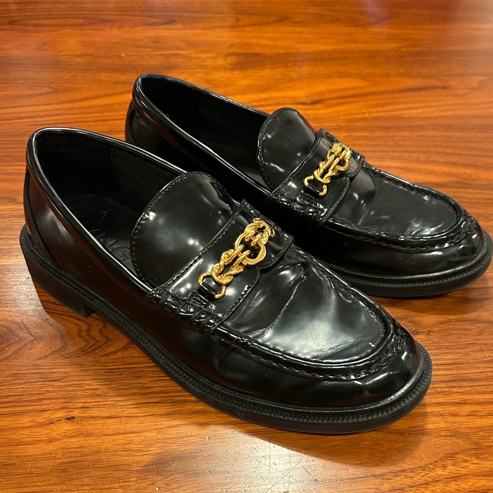 Mango Shiny Black Loafers with Gold Chain